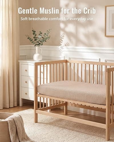 Blissful Diary Muslin Crib Sheets, 2 Pack, Beige Gingham & Brown Gingham | fitted for 52''x28'' crib mattress, soft and breathable cotton, boho style, easy care for machine wash, gift for boy and girl thumbnail 9