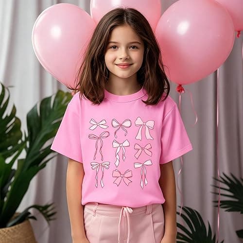 Cayxatiu Cute Graphic Shirts for Girls Pink Bow Shirt for Kids Coquette Preppy Clothes Aesthetic Summer Tees Tops for Tweens thumbnail 4