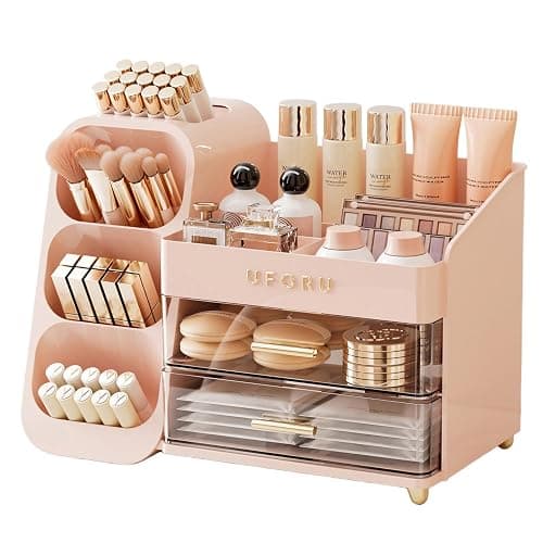 UFORU Makeup Organizer for Vanity with Brush Holder, Countertop Skincare Organizer with 2 Drawers, Spacious Cosmetic Display Case for Perfumes, Eyeshadow Palettes, Nail Polishes - Image 1