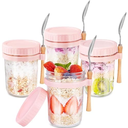 HomArtist Glass Overnight Oats Containers with Lids and Spoon, 16oz Wide Mouth Mason Jars for Overnight Oats, Cereal, Yogurt, Salad Lunch Container with Measurement Marks - Pink 4 Pack thumbnail 8