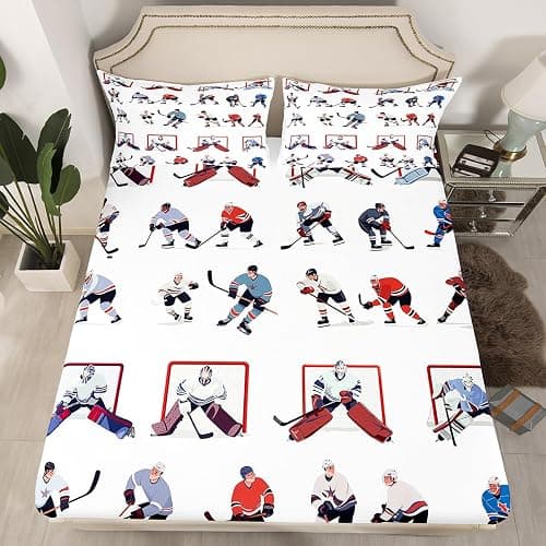 Ice Hockey Sheet Set Twin Kids Sports Event Bedding Set Hockey Player Bed Sheets for Boys Bedroom Decor Soft Winter Sports Hockey Puck Bed Set (Twin Flat Sheet & Fitted Sheet with 1 Pillow Case) thumbnail 3