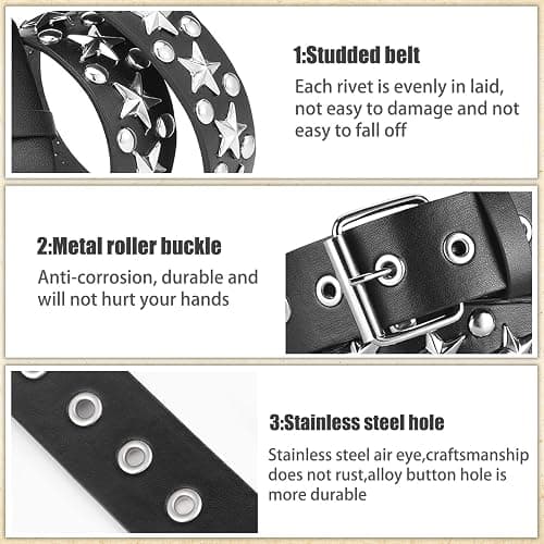 AEXHOT 3 Pcs Black Studded Belt Y2K Belt Star Gothic Punk Rock Belts with Grommet Threads Bright Metal Pyramid for Women Men thumbnail 4