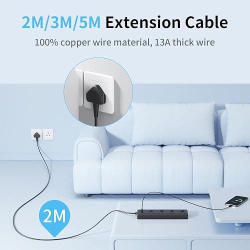 Extension Lead with 3 USB Slots(30W),4 Way Sockets Outlets Ports Extension Cable with 4 Individual Switches Surge Protected，Wall Mountable Extension Socket for Home,Office,School,2M,Black thumbnail 7