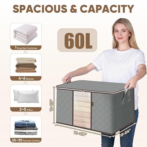 BALEINE 2 Pack Clothes Storage Bags, 16 Gallon Storage Containers with Reinforced Handle, Sturdy Zipper, Closet Organizer for Blanket, Comforter, Pillow, Bedding (Grey, 2 Pack) thumbnail 3
