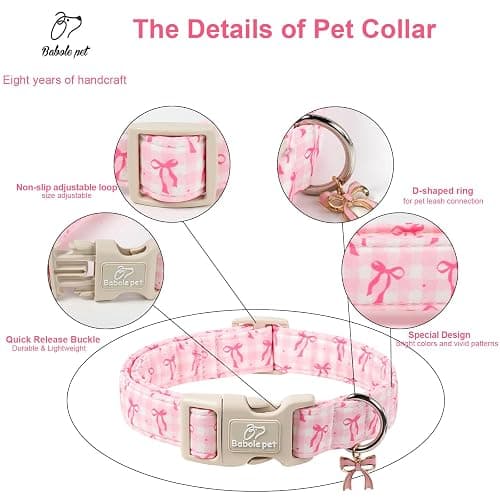 Babole Pet Girl Dog Collar for Small Dogs - Cute Pink Plaid & Bow Print Spring/Summer Puppy Collar, Soft Adjustable Holiday Female Dog Collars with Quick Release Buckle S thumbnail 4