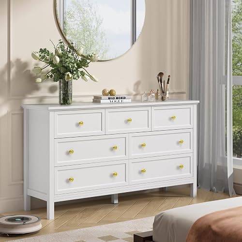 CARPETNAL White Dresser for Bedroom, 7 Drawer Dresser with Wide Drawers and Gold Metal Handles, 55" White and Gold Dressers TV Stand, Modern Dressers & Chests of Drawers for Hallyway, Entryway thumbnail 6