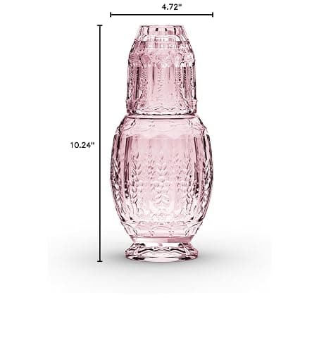 Zanzer 33.8 Oz Carafe Set with Glass Tumbler, Vintage Bedside Glassware for Water or Juice - Unique Antique Pitcher - Beautifully Etched Carafe & Tumbler Duo for Home Decor & Gifting (Pink) thumbnail 6