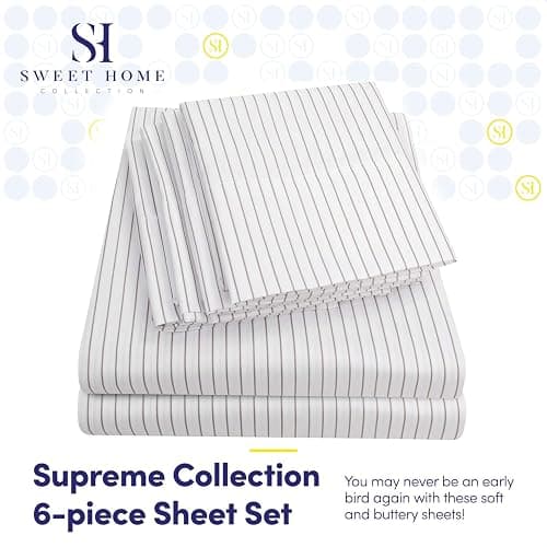 Queen Sheets Pinstripe White - 6 Piece 1500 Supreme Collection Fine Brushed Microfiber Deep Pocket Queen Sheet Set Bedding - 2 Extra Pillow Cases, Great Value, Queen, Pinstripe White thumbnail 2