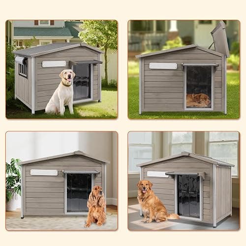 PetsCosset 40.2" L Large Dog House Outdoor & Indoor,Fir Wood Dog Kennel with Weatherproof Openable Asphalt Roof,Spacious Doghouse with Anti-Chewing Metal Edges for Small & Medium & Large Dogs,Grey thumbnail 8