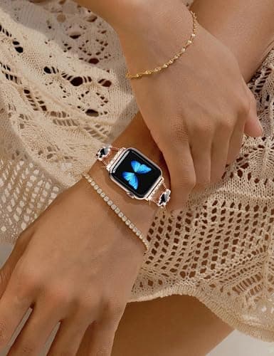 CTYBB Bling Diamond Band Compatible with Apple Watch Bands for Women 40mm 41mm 38mm 42mm Series 11 10 9 8 7 6 5 4 SE 3 2 1, Sparkle Metal Bracelet Wristband, Cute Lucky Clover Dressy iWatch Band,Rose Gold/Black thumbnail 5