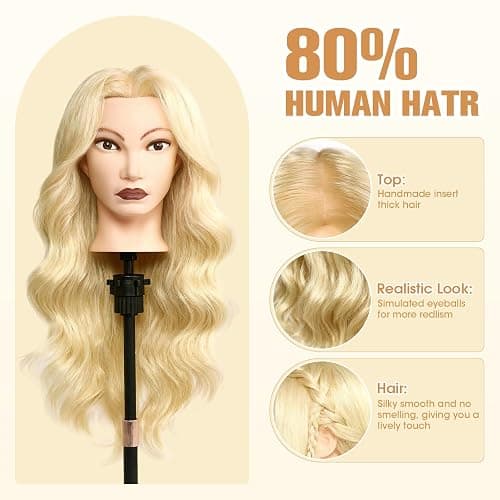 MYSWEETY Mannequin Head Human Hair, 26" Cosmetology Mannequin Head with 80% Human Hair, Doll Head for Hair Styling with Clamp Holder and Tools (White) thumbnail 2