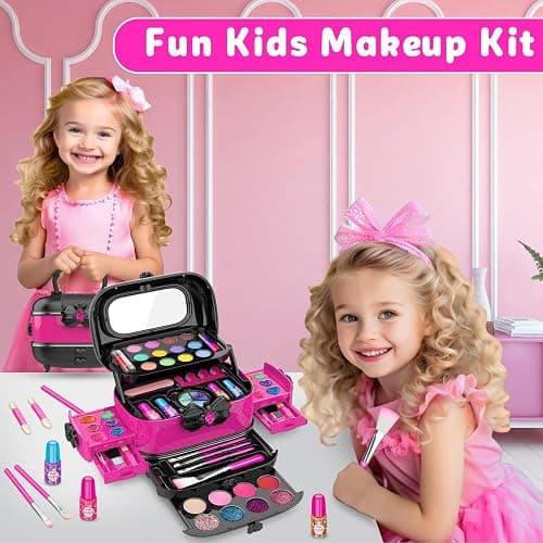 Hollyhi 58 Pcs Kids Makeup Toys Kit for Girls, Real Washable Make Up Set | Safety Material Certificates, Non-Toxic, Storage Case with Mirror, Birthday Gifts for 3 4 5 6 7 8 9 10 11 12 Years Old (Rose) thumbnail 6