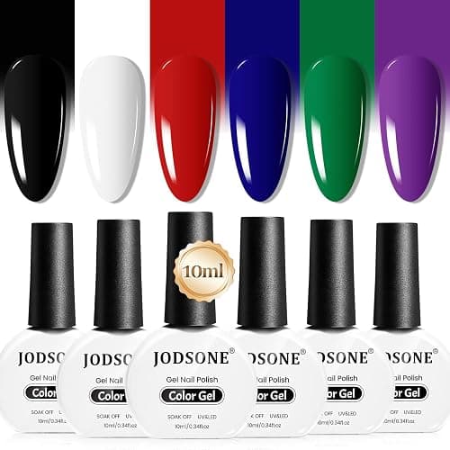 JODSONE 10ml Gel Nail Polish Set 6Colors Black White Red Deep Blue Dark Green Deep Purple All Seasons Neutral Soak Need U V/LED Lamp Curing - Image 1