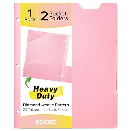 Sooez 2-Pocket Folders Heavy Duty, Plastic Folders with Pockets 3 Hole Punched, 1 Pack Pockets Folder for 3 Ring Binder with Writable Label, Letter Size,Pink - Image 1
