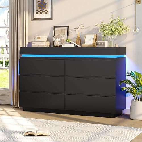 DICTAC Modern 6 Drawer Dresser with Sliding Desktop, Wide Chest of Drawers with Charging Station & LED Lights, Large Storage Tower Clothes Organizer, Black Dresser for Bedroom thumbnail 8
