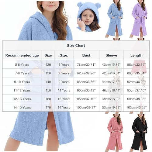 Saxrel Girls Cute Ear Hooded Bathrobe Fleece Dressing Gown – Kids' Home Bath Robe with Waistband Soft Plush Thickened Nightgown Velvet Sleepwear with Pockets 5-14 Years thumbnail 4