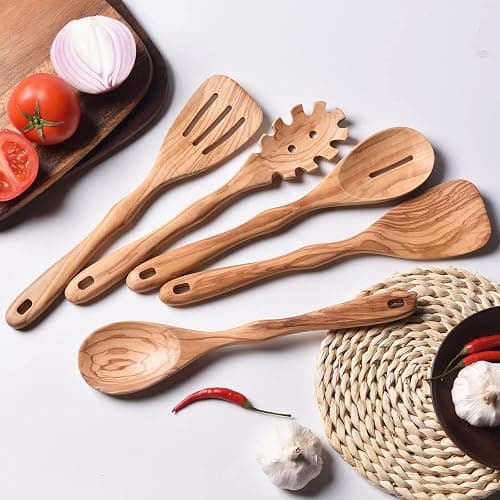 Olive Wooden Utensils for Cooking, Long Handle Wooden Spoons for Cooking, 6 PCES Crafting Wooden Spoon Set, Wooden Kitchen Utensil set, Natural Olive Wood utensil Set thumbnail 7