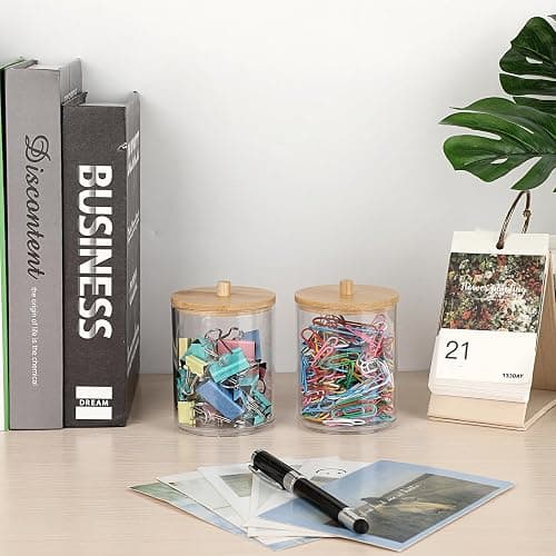 SUMTree 2 Pcs 10 Ounce Plastic Cotton Swab Holder with Bamboo Lids | Acrylic Cotton Bud Qtip Holder Dispenser Bathroom Jar Canister for Bathroom Accessories for Bathroom, Vanity, Dressing Table thumbnail 8