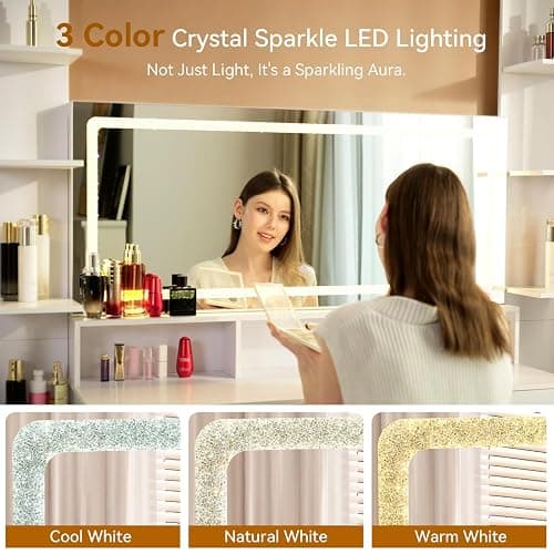 ZIMASYA 45" Large Makeup Vanitys with Mirror & Lights,Big Vanity Desk with 2 Side Shelves & Adjustable Brightness 3 Color Crystal Sparkle LED,Charging Station,26 Storage Areas for Girls Women White thumbnail 7