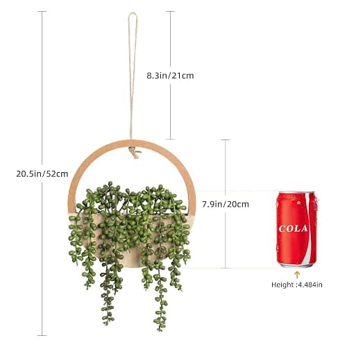 Floweroyal 2pcs Artificial Succulents Hanging Plants 12.2'' Fake String of Pearls in Pot with 8.3'' Lanyard for Indoor Outdoor Wall Decor（Wood Color）. thumbnail 3