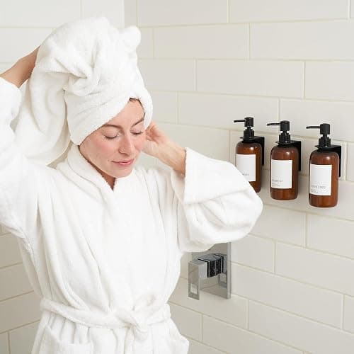 Stylish Shampoo & Conditioner Dispenser Set of 3 - Wall Mount, Drill Free | Modern 21oz Shower Soap Bottles with Labels - Easy Refill Body Wash Dispensers for an Instant Bathroom Decor Upgrade thumbnail 3