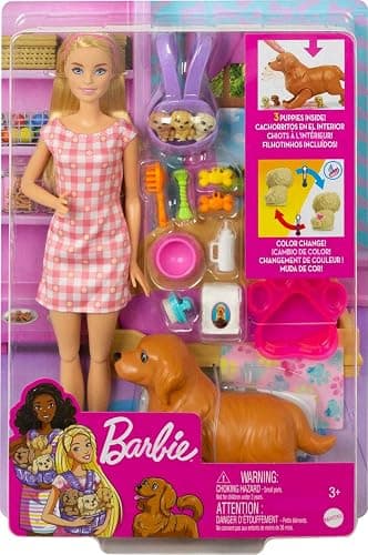 Barbie Doll & Pets Set, Blonde with Mommy Dog, 3 Newborn Puppies with Color-Change Feature & Pet Accessories thumbnail 7