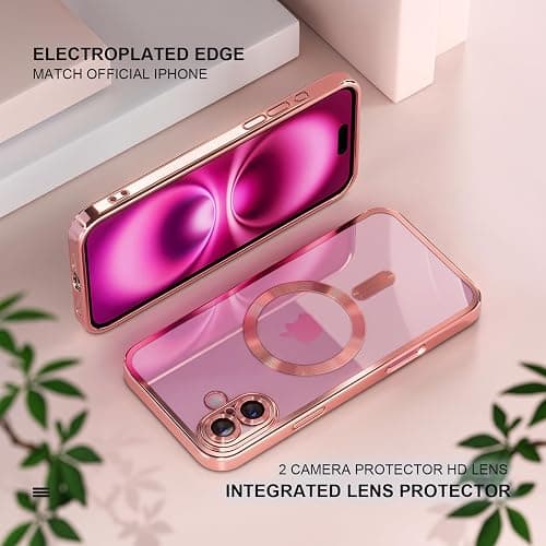 Misea Magnetic for iPhone 16 Plus Case with MagSafe [Never Yellowing] [Military Grade Drop Protection] Full Camera Lens Protector Plating Soft Clear Phone Case for Women Girls 6.7 inch, Pink thumbnail 6