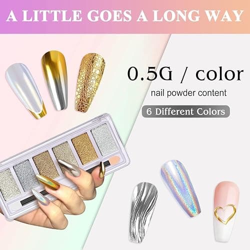 Gold Silver Chrome Nail Powder, 6 Colors Holographic Unicorn Iridescent Nail Chrome Powder, Metallic Mirror Effect Light Gold Champagne Chrome Powder Palette Pigment Glitter for Nail Art thumbnail 7