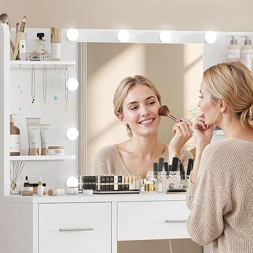 FIONESO Vanity Desk with LED Light Mirror & Power Outlet, 3 Adjustable Light Color, Makeup Vanity with 7 Drawers, 4 Shelves, 5 Jewel Hooks, White Vanity for Bedroom, Girls Vanity thumbnail 9