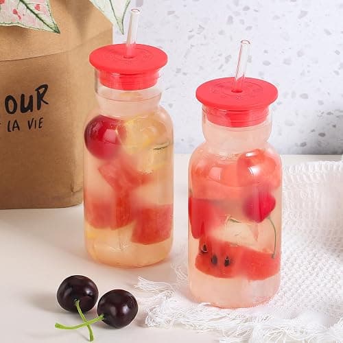 CWHHRN 17 oz Glass Cups with Lid and Straw, Glass Tumbler with Straw and Lid, Vintage Glassware for Whiskey Cocktail Beer Juice, Iced Coffee Cups with Lid (4 PACK) thumbnail 5