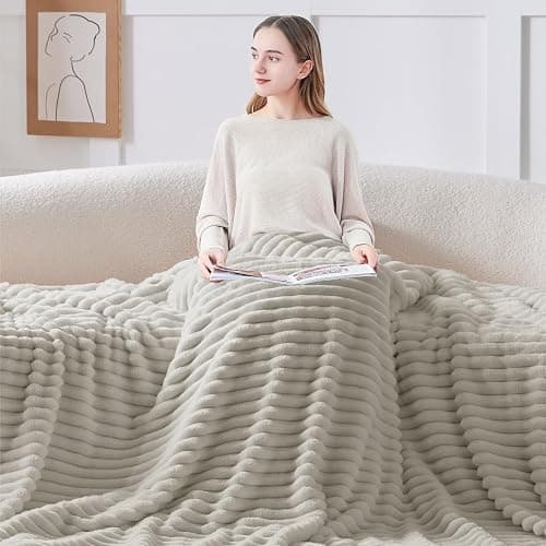 BEDELITE Fleece Throw Blanket for Couch - 300GSM Soft & Warm Fluffy Light Grey Blanket, Decorative and Giftable Striped Blankets for Women, Men, 50"x60" thumbnail 3