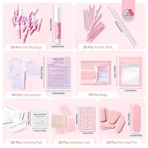 SAVILAND 20PCS Press on Nail Kit: Press On Nail Packaging with Nail File Glue Prep Pads Adhesive Tabs Acrylic Sticks Instruction Cards Pink Bags Nail Prep Application Supplies Manicure Disposable Kit thumbnail 3