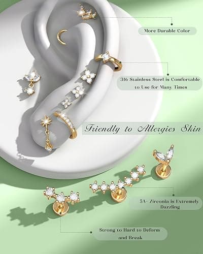 ORAZIO 16 Gauge Cartilage Earrings for Women Flat Back Hypoallergenic Surgical Steel Small Flatback Stud Hoop Cartilage Earring Stack Set Daith Conch Tragus Helix Piercing Jewelry Single PC thumbnail 8