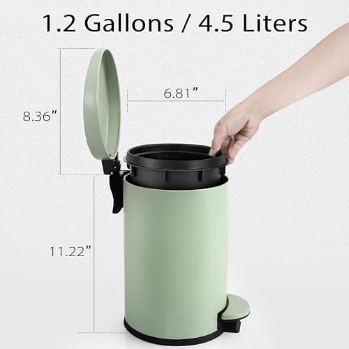 TIPGO Small Bathroom Trash Can with Lid Soft Close, 1.2 Gal, Green | Hands-Free Step Pedal, Removable Inner Bucket, 4.5 Liters, Round Stainless Steel Garbage Can for Bedroom, Office, Kitchen thumbnail 6