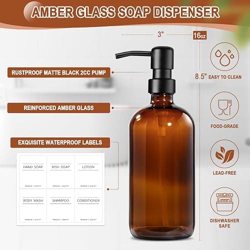 Kitchen Soap Dispenser Set with Wood Riser Tray, Amber Glass Soap Dispenser with Stainless Steel Pump, Hand and Dish Soap Dispenser Set for Kitchen, Soap and Lotion Dispenser Bathroom Decor(Amber) thumbnail 4
