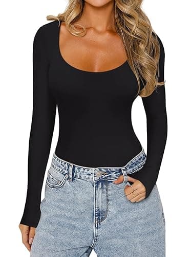 REORIA Women's Sexy Basic Sexy Scoop Long Sleeve Double Lined Layering Slim Bodysuit Tops thumbnail 3