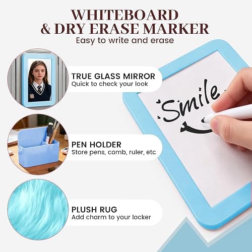 Elfcool 13 Pcs Locker Accessories Kit, Locker Decorations for Girls Boys Magnetic Pen Holder, Mirror, Whiteboard, Wallpaper, Magnets, Plush Rug, String Light, Back to School Essentials (Blue) thumbnail 6