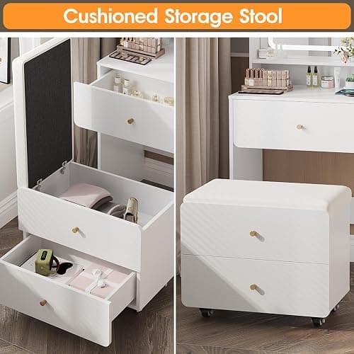 Vabches Make Up Vanity Desk with Mirror and Lights, White Vanity Table Set with Charger Station,Girls Small Vanity and Storage Chair thumbnail 6