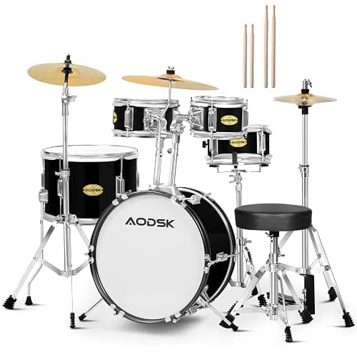 AODSK 5 drums & 3 cymbals 14 Inch Drum Set, Complete Kit w/Throne & Sticks | All Hardware Included, Adjustable Stool, Bass Pedal, Perfect for Young Beginners, Music Class, Holiday Gift, Easy Setup - Image 1