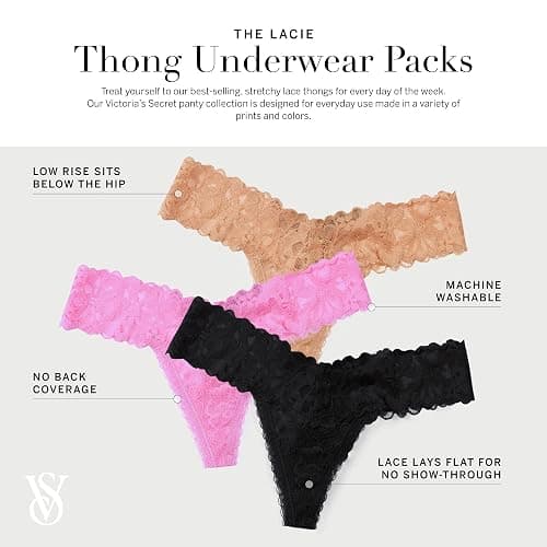 Victoria's Secret Women's Lace Thong Underwear, Panties for Women, Multi Pack thumbnail 3