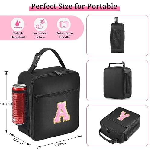 Initial Insulated Lunch Bag, Lunch Box with Initial Letter Patch for Teen Adult, Reusable Lunch Bag for Men Women, Ideal Back to School Gift Back to School Gift Birthday Gift, Pink A thumbnail 2