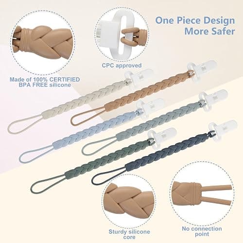 6-Pack Silicone Pacifier Clips with a Woven Rope Shape for Baby Boys and Girls - Flexible and Rust-Free Holders for Teething Relief and Baby Essentials, Safe for Newborns (Grey) thumbnail 5