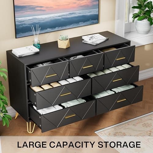 JOZZBY Dresser for Bedroom, 7 Drawer Black Wooden Dresser with Gold Handles, Modern Storage Dressers & Chests of Drawers for Hallway, Entryway thumbnail 5