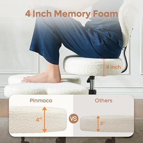 Pinmoco Ergonomic Cross Legged Chair, 360° Swivel Meditation Chair with Wheels, Height Adjustable Seat for ADHD, Strong Lumbar Support, Chic Home Office Furniture, Teddy Fabric, Off White thumbnail 3