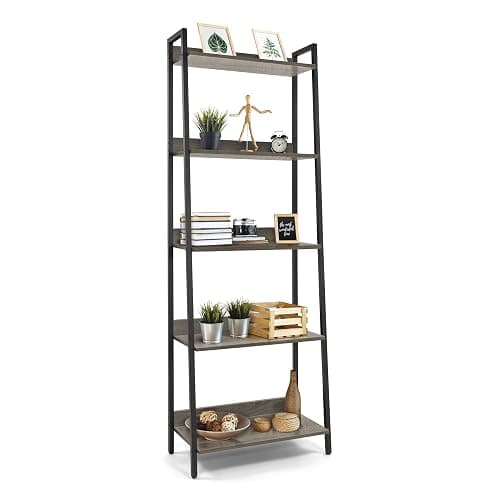 CAPHAUS 5 Tier Ladder Bookshelf, 24 Inch Width Free Standing Shelf, Bookcase Shelf Storage Rack Organizer, Industrial Book Shelves for Home Office, Living Room, Kitchen, Dark Grey, Vintage Shelves - Image 1