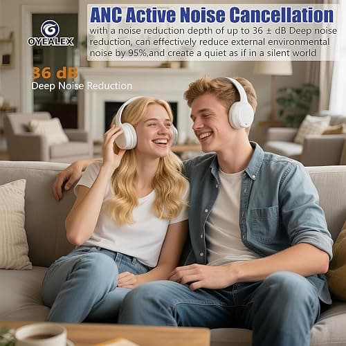 OYEALEX Active Noise Cancelling Headphones,Over Ear Bluetooth Headphones with Microphone,HiFi Stereo Deep Bass,Foldable Lightweight Headsets,Long ANC Playtime for Home Office Cellphone PC Travel-White thumbnail 2