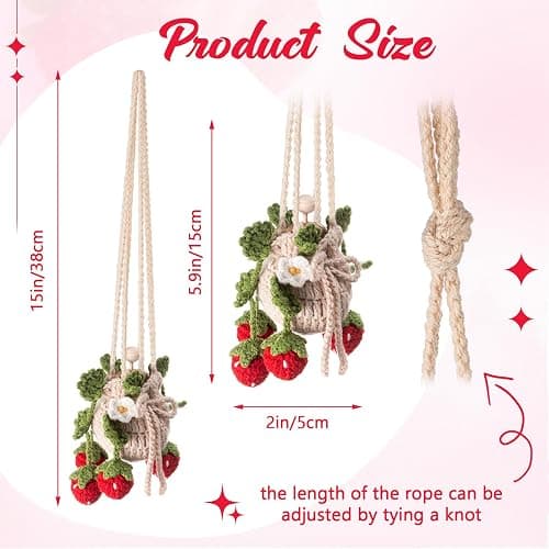 DaisyInner Cute Crochet Plant Car Freshener 12ml Empty Refillable Diffuser Bottle with Plants Hanging Accessories for Rearview Mirror Home Office Decor Women Christmas Gifts(Strawberry) thumbnail 2