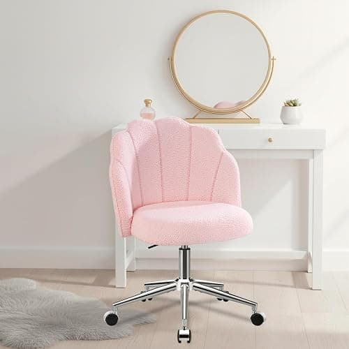 Eufurnibi Vanity Chair for Dressing Table with Wheels, Boucle Chair for Bedroom, Swivel Armchair for Home, Height Adjustable&Easy Assembly, Pink thumbnail 2
