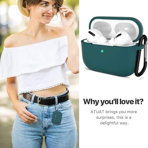 ATUAT for AirPods Pro 1st/2nd Generation Case Cover, Protective Silicone Skin Accessories with Keychain for Women Men for Apple AirPods Pro 2019/2022 Charging Case,Front LED Visible-Midnight Green thumbnail 5