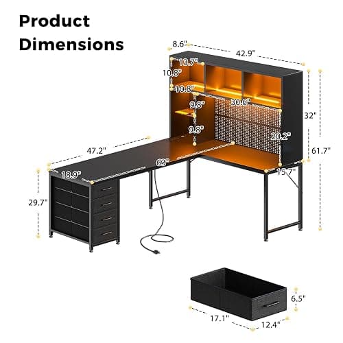 AODK 63" L Shaped Desk for Gaming and Working，Black | PC Desk with Hutch, Pegboard & Shelves, 4 Drawers, Integrated LED Light Strip & Power Outlets, Reversible thumbnail 3